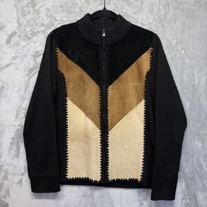 VTG Suede Heavy Knit Zip Up Sweater Jacket Sz M Black Brown Indie Western Patch